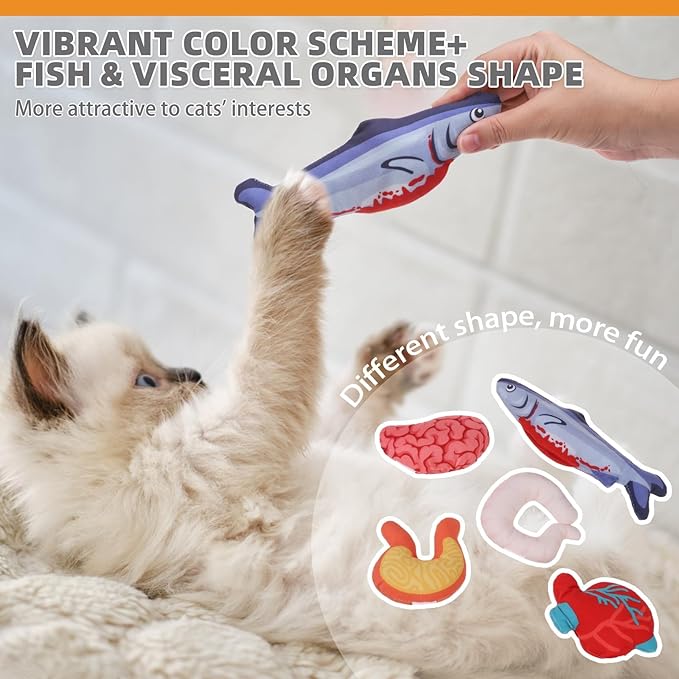 KOOLTAIL Halloween Cat Catnip Toys, 5 Pack Durable Soft Fish & Visceral Organs Toy Filled with Natural Catnip, Interactive Bite Resistant Chew Teeth Cleaning Gift for Indoor Cats Kitten Holiday