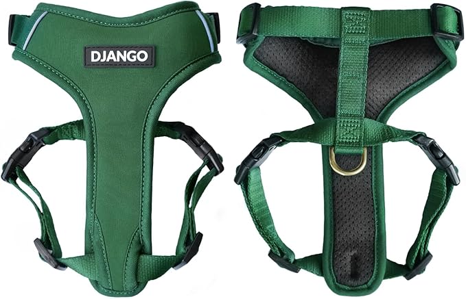 DJANGO Adventure Dog Harness - Stylish and Durable Medium Dog Harness for Outdoor Adventures and Everyday Wear - Forest Green Neoprene Adjustable Harness for Dogs with Reflective Piping, Brass D-Ring