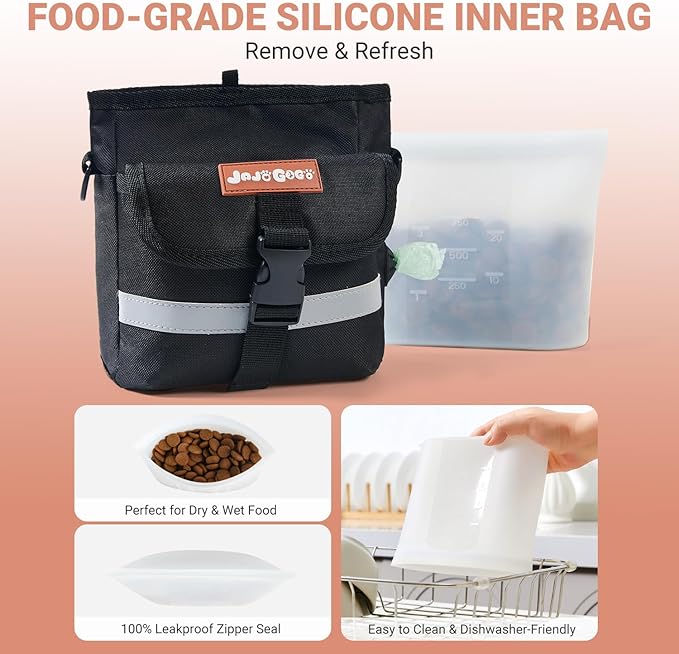 JOJOGOGO Dog Treat Pouch with 4 Cup Removalbe Silicone Bag, Magnetic Closure Treat Pouches for Pet Training and Walking, Dog Training Treat Pouch with Clicker, Puppy Snack Bag and Poop Bag Holder