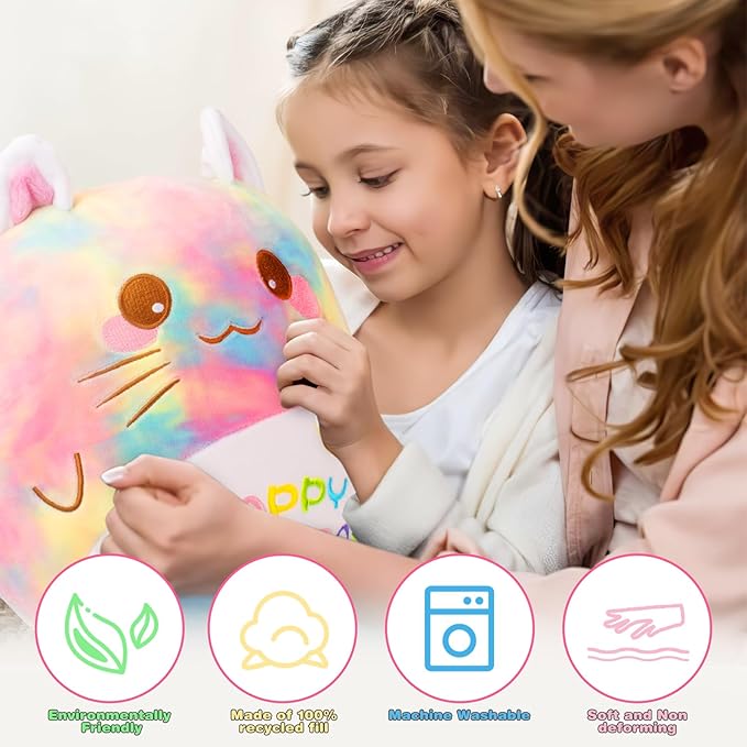 Birthday Cat Plush Pillow, 12'' Cat Stuffed Animal Cute Cat Plush Toy with 3 Little Cat Plushie Home Decoration Birthday Gift for Kids Toddlers