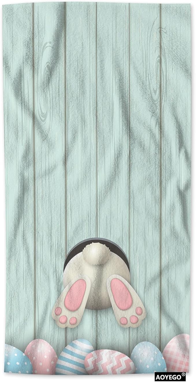 AOYEGO Easter Bunny Microfiber Towels Colorful Eggs Rabbit Blue Wood Plank Bath Towels Kitchen Hand Towels for Women Men Girls Boys 15x30 Inch