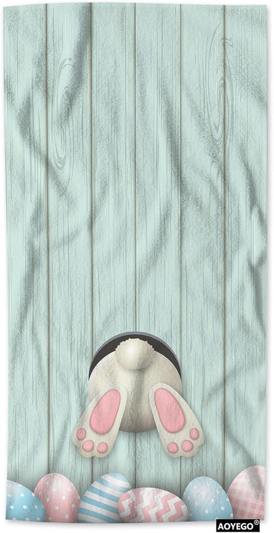 AOYEGO Easter Bunny Microfiber Towels Colorful Eggs Rabbit Blue Wood Plank Bath Towels Kitchen Hand Towels for Women Men Girls Boys 15x30 Inch