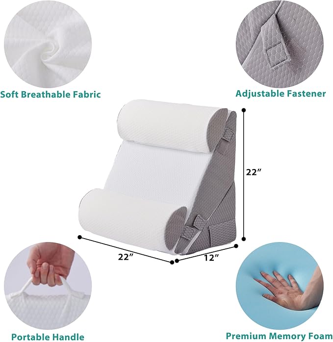 Adjustable 4pcs Bed Wedge Pillow Set, Memory Foam Wedge Pillow Post Surgery for Back, Neck, Leg Pain Relief, Pillow Wedge for Sleeping, Sitting up in Bed, Acid Reflux and GERD, White/Grey