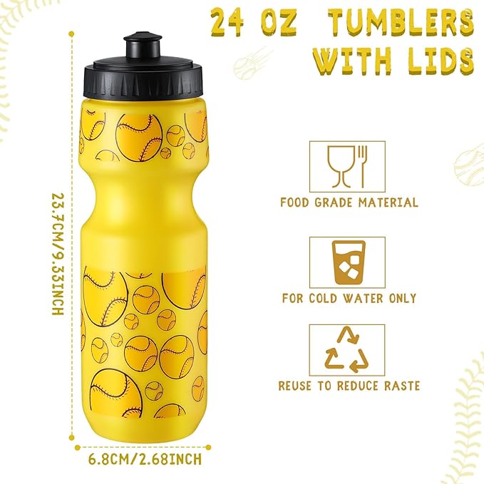 24 Pcs 24 oz Baseball Water Bottle Bulk and Drawstring Bag Set 12 Reusable Plastic Biking Water Bottle Tumbler 12 Sport Gym Goodie Gift Bag for Party Favor (Yellow)