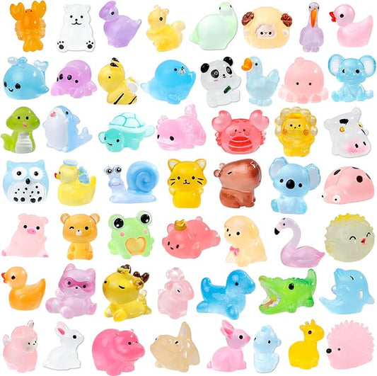 52Pcs Luminous Mini Resin Animals 52 Styles Miniature Glow in the Dark Resin Animal Figures to Hide Tiny Small Little Ducks Turtles Dinosaurs and Frogs for Micro Landscape Dollhouse Fairy Garden Decor