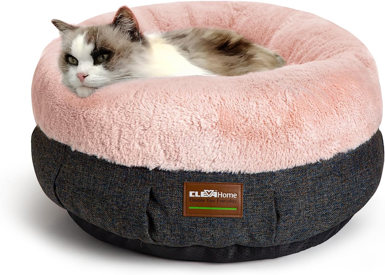 ClevaHome Cozy Cat Bed - Ultra-Soft Plush Pet Bed with Raised Sides and Anti-Slip Base, Comfortable Round Bed for Small Pets up to 11 lbs
