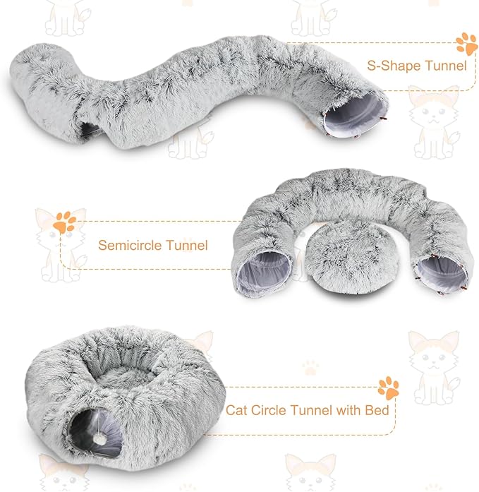 Plush Cat Tunnel Bed for Indoor Cats, Collapsible Cat Donut Tunnel with Central Mat, Fluffy Cats Cave Tube with Hanging Ball for Kitten Rabbit Puppy Ferret