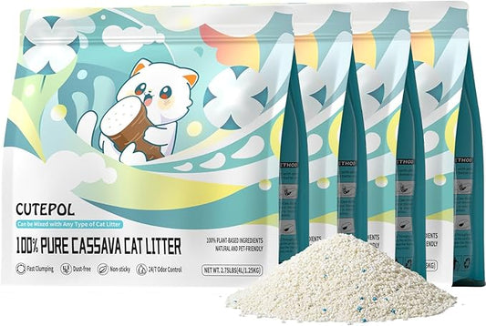 Cassava Clumping Cat Litter, Non Sticking, Rapid Clumping, Water Absorbent, Dust-Free, 11lb (4 Pack of 2.75lb Bags)