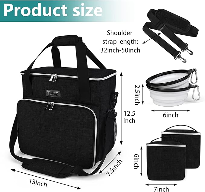 BAGLHER Dog Travel Bag, Pet Travel Bag (All Pet Travel Supplies), with 2 Pet Food Containers and 2 Collapsible Silicone Bowls; Essential Kits for Pet Travel Black
