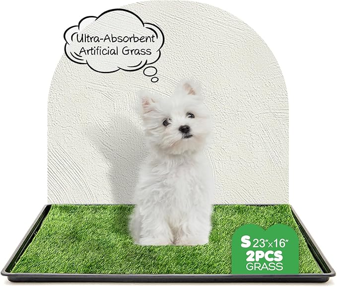 Dog Grass Pad with Tray, 23×16in Small Litter Box, 2×Grass Pad for Dogs Potty Washable, Thick Soft Odor-Free Hemmed Dog Pee Grass, Indoor Puppy Potty Training Balcony (Without Grid)