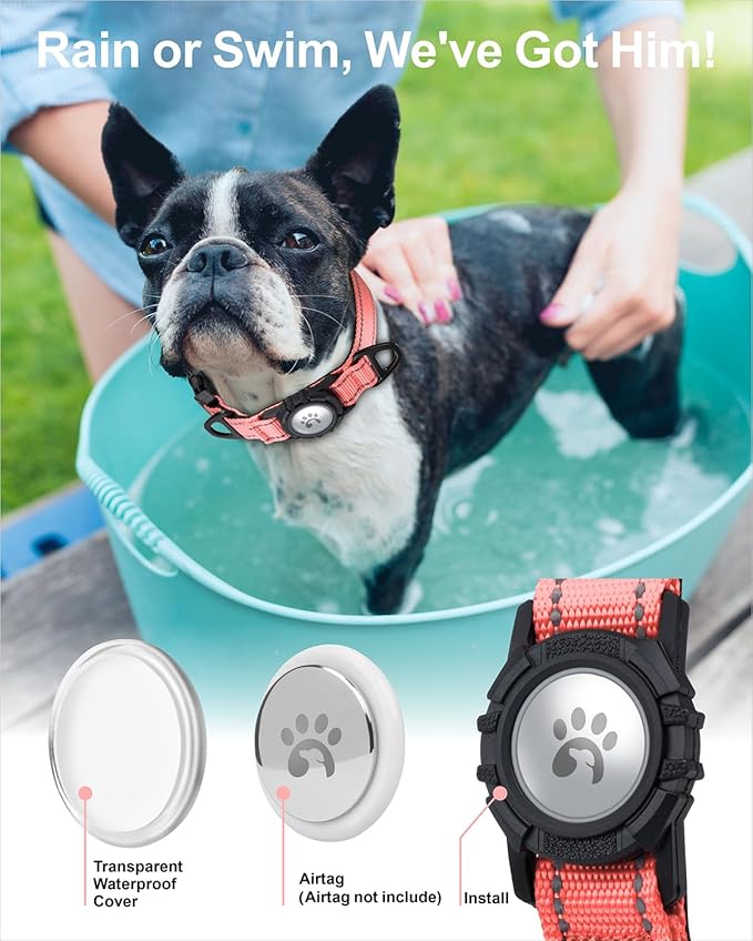 TagME Airtag Dog Collar,Waterproof Reflective Pet Collar with Airtag Holder,Soft Padded and Double D-Rings for Puppy,Baby Pink