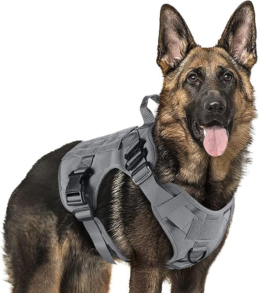 rabbitgoo Tactical Dog Harness for Large, Heavy Duty Pet Harness with Handle, No-Pull Service Vest Large Breed, Adjustable Military Dog Vest for Training Hunting Walking, Grey, XL