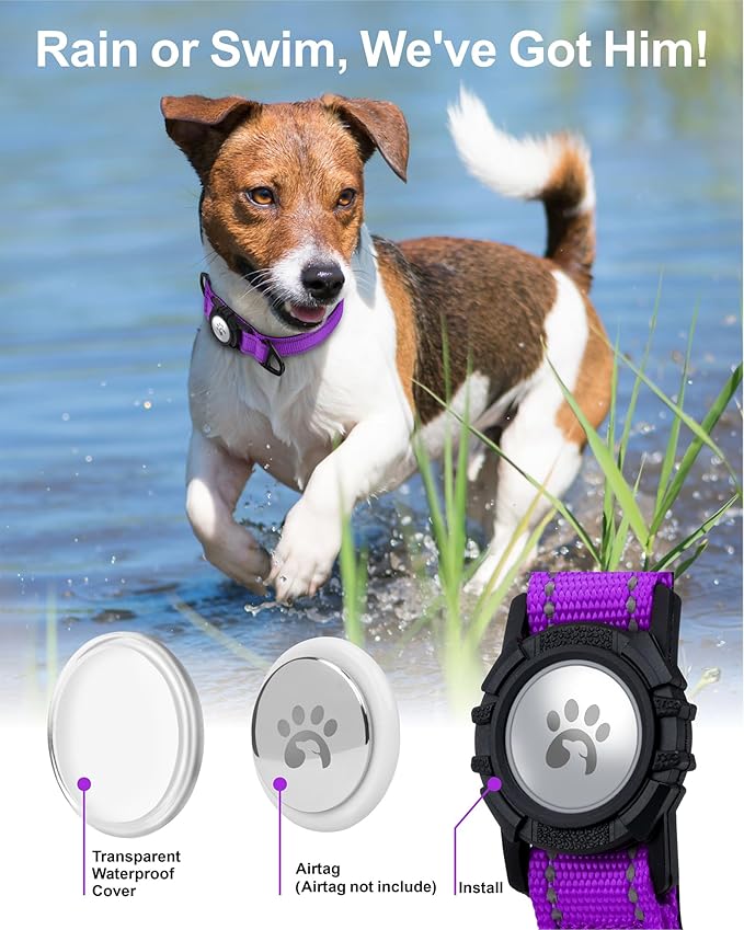 TagME Airtag Dog Collar,Waterproof Reflective Pet Collar with Airtag Holder,Soft Padded and Double D-Rings for Medium Dogs,Purple