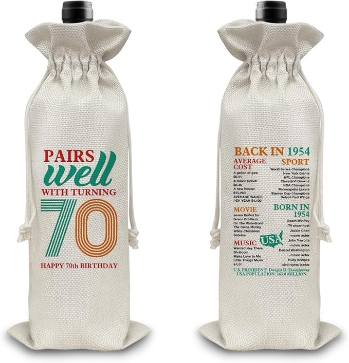 70th Birthday Gifts Wine Bag Congratulations Gifts for Women Men Parents Mom Dad Anniversary 1954 with Time Information Wine Gift Bag