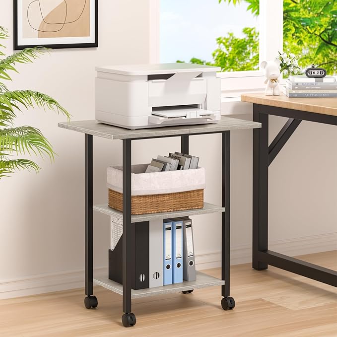 Lerliuo 3-Tier Printer Stand, Industrial Mobile Printer Table with Storage Shelf and Steel Frame, Rolling Printer Cart Holder with Lockable Wheels for Home, Office (Oak)