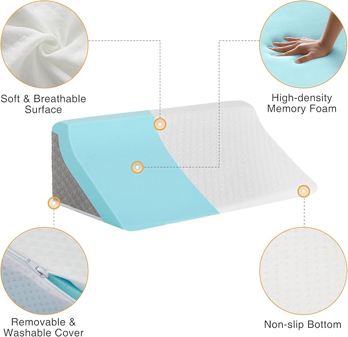 Side Wedge Pillow for Sleeping, Versatile Bed Wedge Back Pillow for Pregnancy, Back Pain, Leg Elevation and Side Sleepers, Memory Foam Body Positioner with Cover, Anti-Slip Base, White/Grey