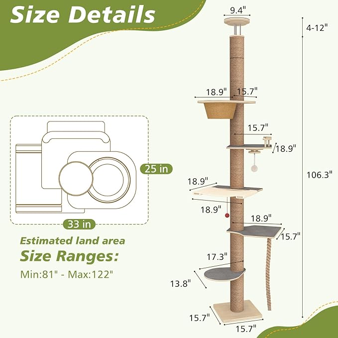 Floor to Ceiling Cat Tree, 5 Tier Cat Tower Adjustable Height (82-120 in), Tall Climbing Tree with Perches, Hammock, Scratching Post, Bed, Ball Toys, Solid Structure and Neutral Color Fit Home Decor