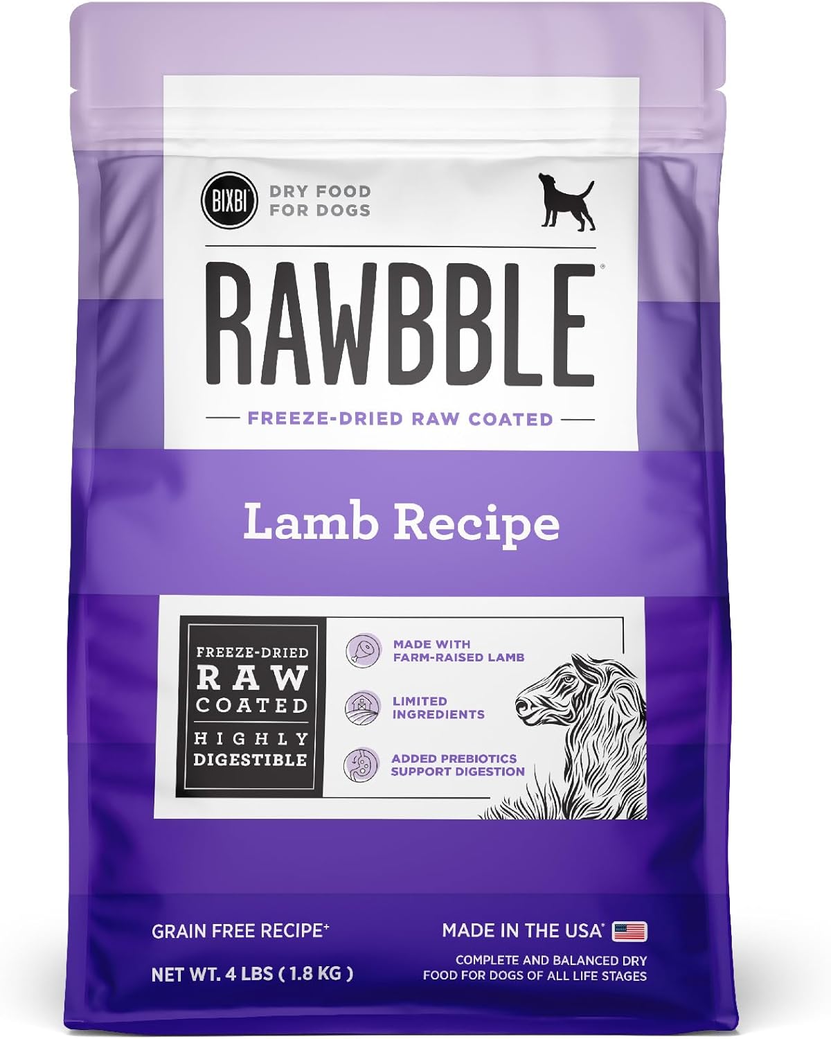 BIXBI Rawbble Dry Dog Food, Lamb, 4 lbs - USA Made with Fresh Meat - No Meat Meal & No Corn, Soy or Wheat - Freeze Dried Raw Coated Dog Food - Minimally Processed for Superior Digestibility