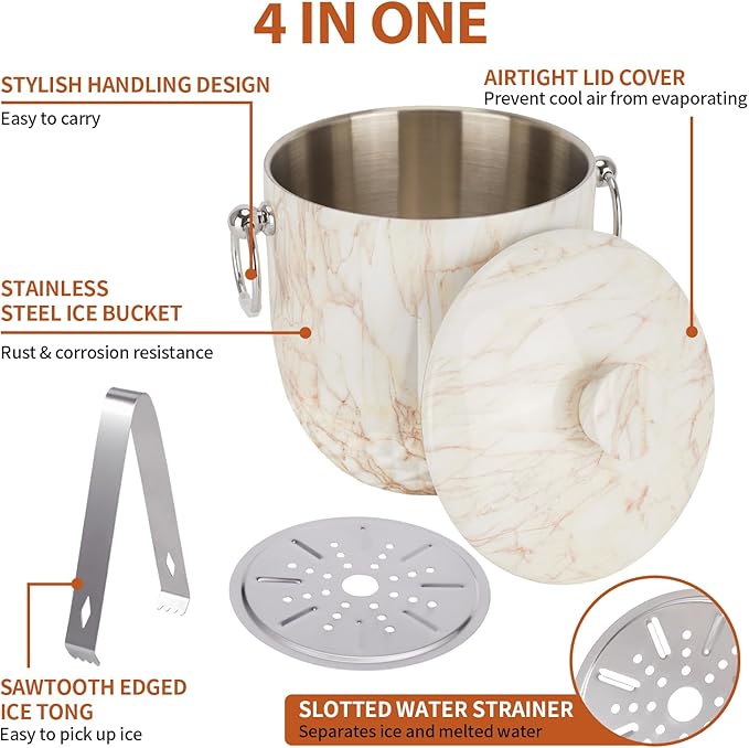 Ice Bucket with Lid, 3L Diamond Bottom Design Double Wall Stainless Steel Insulated Ice Bucket, Champagne Bucket, Wine Bucket for parties, cocktail bar, Marble