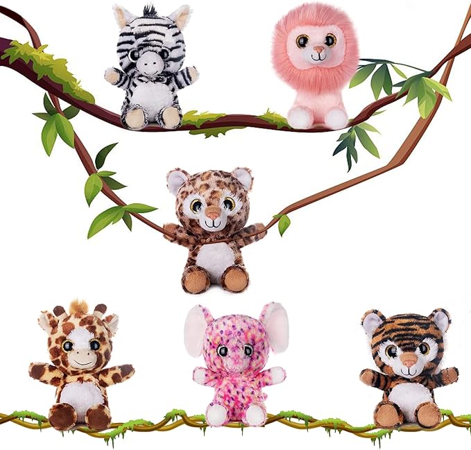 My OLi 7" Plush Toys Set Stuffed Animals Bundle of Forest Animal Toys Lion/Elephant/Zebra/Giraffe/Tiger/Leopard Stuffed Animals Pack of 6 for Babies Kids Girls Boys
