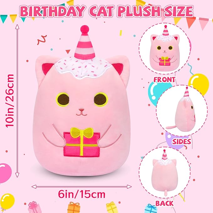 Birthday Cat Plush Pillow,Pink Cat Stuffed Animal Toy,Cute Pinks Stuffed Animal with Gifts, Cat Plushies Birthday Gifts for Kids