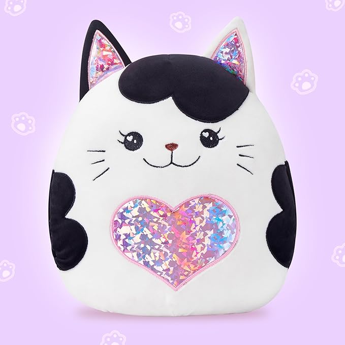 Large Cat Plush Pillow Stuffed Animal Toy,with Heart Big Size Cute Soft 13" Fat Kawaii Hugging Cuddle Huggable Adorable Plushie,Gift for Kids