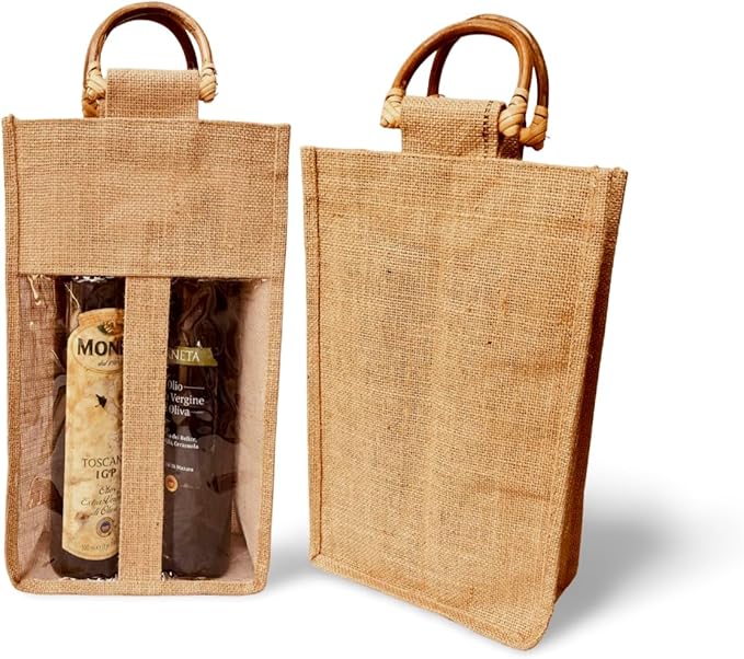 Bulap Wine Gift Bags with Window - 2 Pcs Natural Jute Wine bottle Carrier Bags for Birthday, Wedding, Anniversary, Party, Festival, Christmas Gift (2x Bags for 2-Bottles)