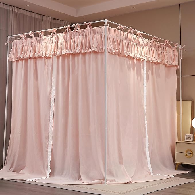4 Corners Post Princess Ruffle Curtain Bed Canopy Lace Up Elastic Cozy Breathable Tent Mosquito Net for Girls Bedroom Decoration(Pink, 70-78" W*86" L*82" H/King)