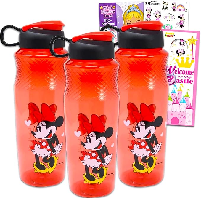 Minnie Mouse Water Bottle Set for Kids – Bundle with 3 Minnie Mouse Drinking Bottles, Minnie Stickers, and More | Classic Minnie Drinking Cups