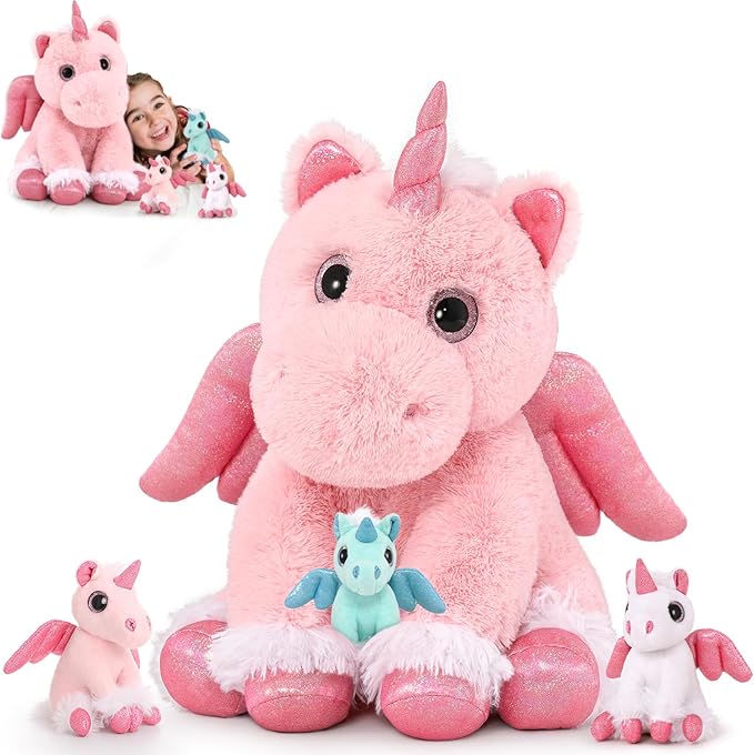 MorisMos Pink Unicorn Stuffed Animal with Babies,18'' Large Stuffed Mommy Unicorn Stuffy with Babies for Kid,4Pcs Unicorn Plush Toy Gifts for Girl,Pregnant Stuffed Animals for Baby Shower Birthday
