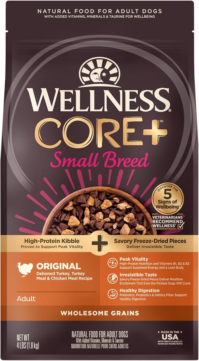 Wellness CORE+ Dry Dog Food with Freeze Dried Pieces, Small Breed, Wholesome Grains, High Protein, Natural, Original Turkey & Chicken Recipe, (4-Pound Bag)