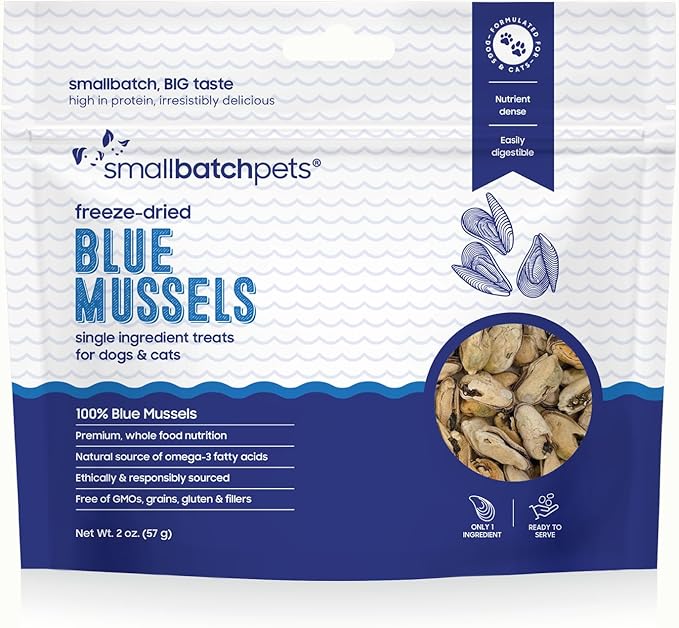 smallbatch Pets Freeze Dried Cat & Dog Treats, 2oz - 100% Blue Mussels, Organic High Protein Treats, Omega 3 Fatty Acids, Gluten Free, Grain Free, Made in The USA, Ethically Sourced, Single Protein