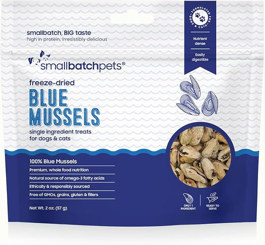 smallbatch Pets Freeze Dried Cat & Dog Treats, 2oz - 100% Blue Mussels, Organic High Protein Treats, Omega 3 Fatty Acids, Gluten Free, Grain Free, Made in The USA, Ethically Sourced, Single Protein