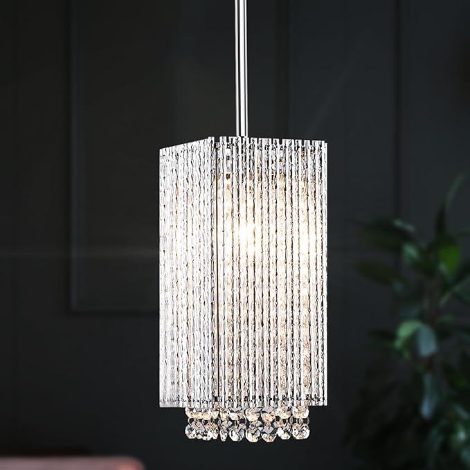 Mini Crystal Chandelier 1 Light Modern Hanging Light Fixture Small Cuboid Chrome Pendant Light for Kitchen Island Dining Room