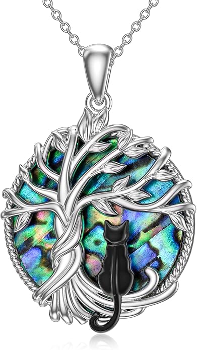 TOUPOP Cat Gifts for Cat Lovers Sterling Silver Cute Cat Tree of Life Pendant Necklace with Blue Circle Crystal Birthday Christmas Jewelry Gifts for Women