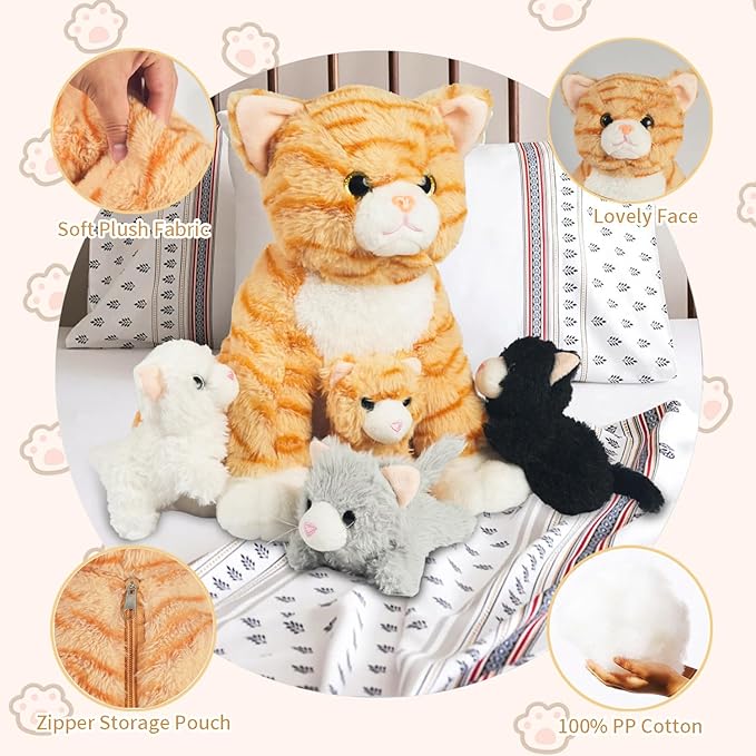 5 Pieces Cat Stuffed Animal Plush with Babies Inside, Mommy Stuffed Orange Tabby Cat with 4 Kittens Stuffed Animal, Kitty Cats Plushies Toys Pillow Plush for Kids Boys Girls Birthday Christmas Party