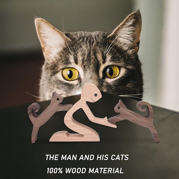 Cat Figurines Home Decor Nature Wood Carved a Man Two Cats Sculpture