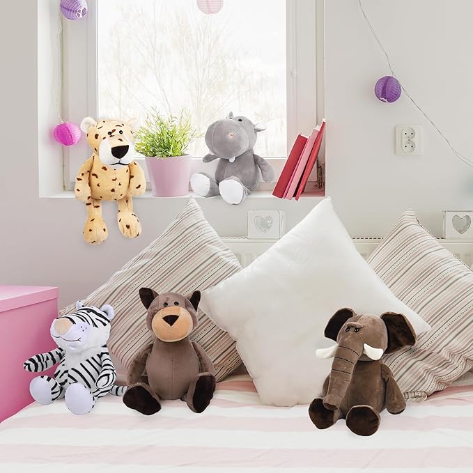 Elcoho 8 Pieces Safari Stuffed Animals Plush Jungle Animal Toys 9.8 Inch Zoo Stuffed Animals Set Cute Plush Toys for Animal Themed Parties Teacher Student Award, 8 Styles