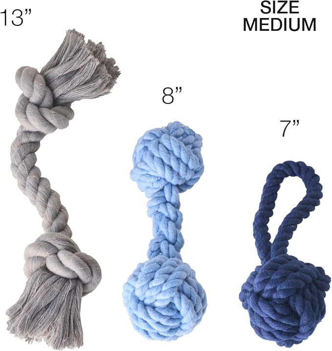 3-Pack Organic Cotton Dog Rope Pull Toys for All Pet Breeds, Blue Ombre, One Size