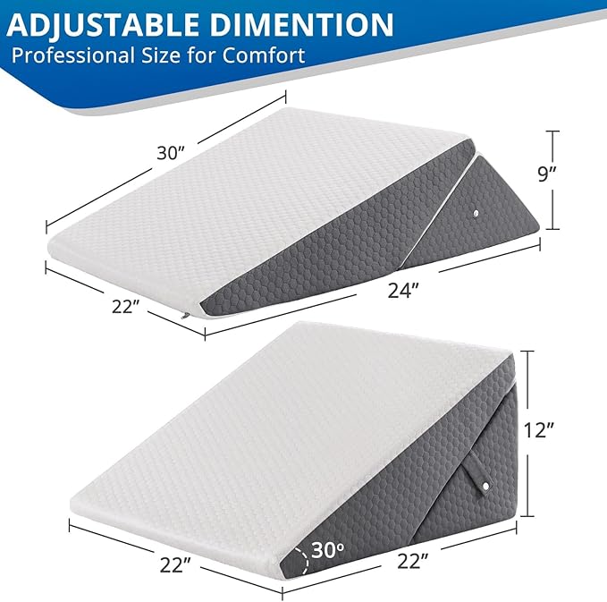 Sasttie Wedge Pillow for Sleep Apnea, 12 Inch Bed Wedge Pillow for Back Pain Relief, Adjustable Memory Foam Pillow Wedges for Sleeping Acid Reflux, Shoulder Pain Relief and Snoring, Dark Grey & White