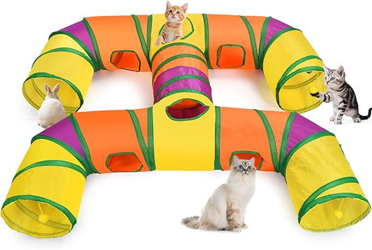 Petizer H-4-Way Collapsible Cat Tunnels for Kittens Indoor Entertainment, Washable Cute Cat Tube Toys with Interactive Playing Balls,Tear-Resistant Pet Tube, Cat, Kitten, Kitty, Puppy, Rabbit