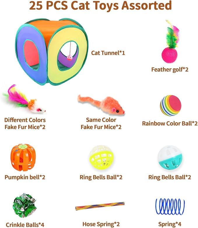 iCAGY 25-Piece Cat Toys Kit with Rainbow Cube Tunnel - Interactive Cat Toy Bundle for Indoor Cats, Kitten Playtime Variety Set Includes Springs, Balls, Mice & Noise Toys