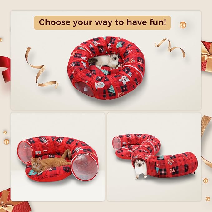 PAWZ Road Cat Tunnel Christmas Cat Donut Tunnel Collapsible Cat Tunnel Tube Dia-38 inches with Soft Mat for Indoor Cats, Rabbits and Puppies, Red
