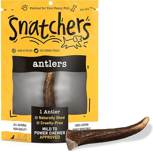 Snatchers Elk Antlers for Dogs – Long Lasting Dog Chews and Dog Toys for Aggressive Chewers, Naturally Shed Deer Antlers for Dogs Processed in The USA, No Additives (Small 4-5", 1 Count)