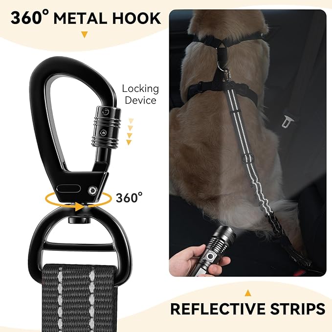 Pawaboo 2Pack Dog Seatbelt for Car, 3-in-1 Dog Car Seat Belt Bungee,Shockproof Dogs Tether for Car with Buckle & Hook Latch, Adjustable Reflective Dog Car Harness Leash with 360° Lockable Buckle,Black