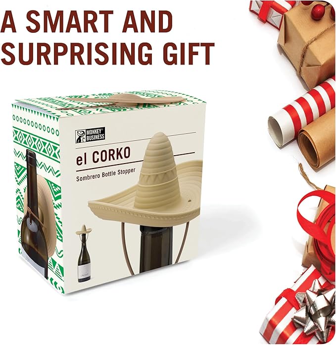 Monkey Business Elcorko Silicone Wine Stopper, Bottle Stopper with Sombrero Design, Wine Accessories, Keeps Wine Fresh, Wine Gifts