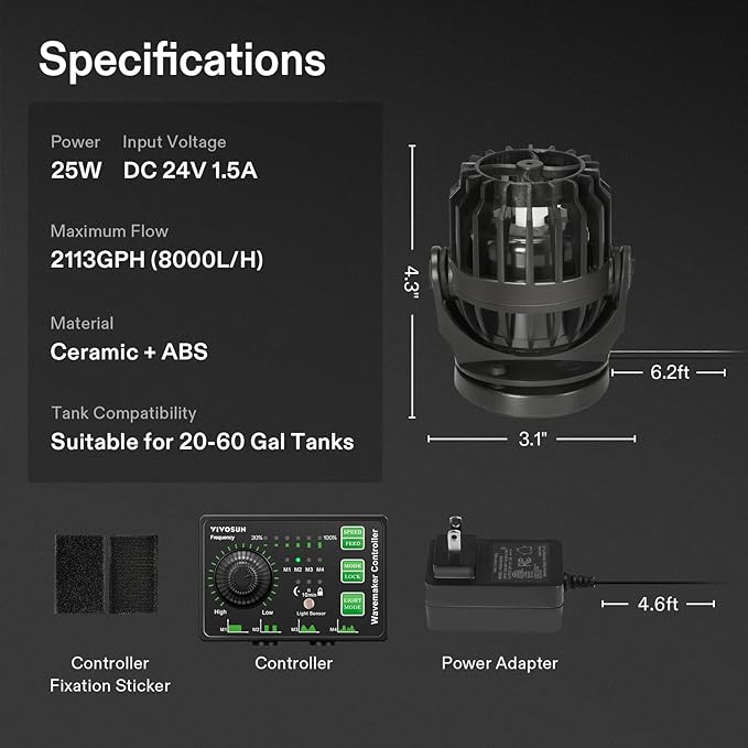 VIVOSUN Aquarium Wave Maker, 2113GPH Circulation Pump with Controller & Magnetic Suction Base, Adjustable Submersible Powerhead for 20-60 Gal Freshwater/Saltwater Fish Tank, 25W