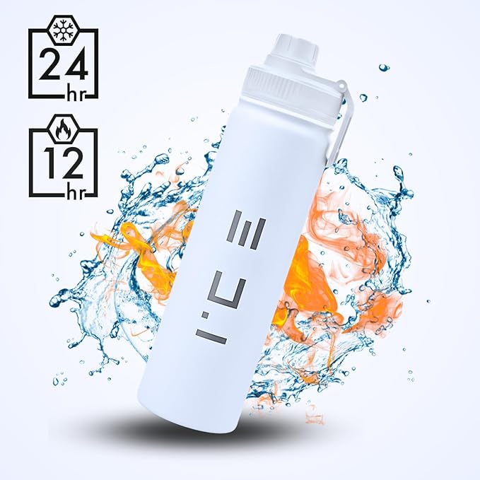ICE Sports Water Bottle - Includes 3 Lids (1 Straw Lid) & 2 Straws - Leak proof Stainless Steel Gym & Sport Bottles for Men, Women & Kids - Double Walled, Insulated Thermos (White, 22 oz)