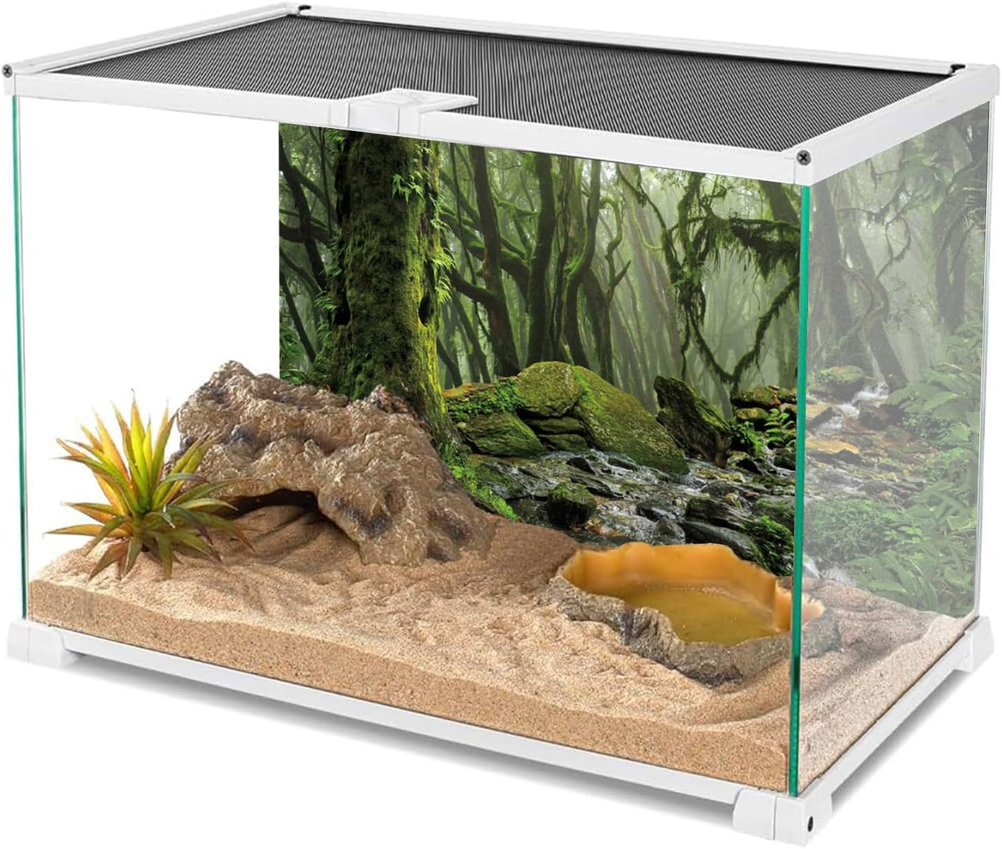 AWERT Foggy Forest Terrarium Background Stream Green Huge Tree Reptile Habitat Background Tropical Rainforest Aquarium Background 36x18 inches Durable Polyester Background
