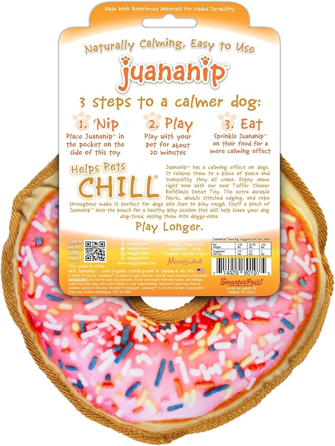 Doggijuana Tuffer Chewer Plush Dog Toy | Funny Dog Toy Plush with Juananip Catnip for Dogs | Calming Aid for Dogs | Interactive Squeaky Chew Toy for Play (Sprinkled Donut)